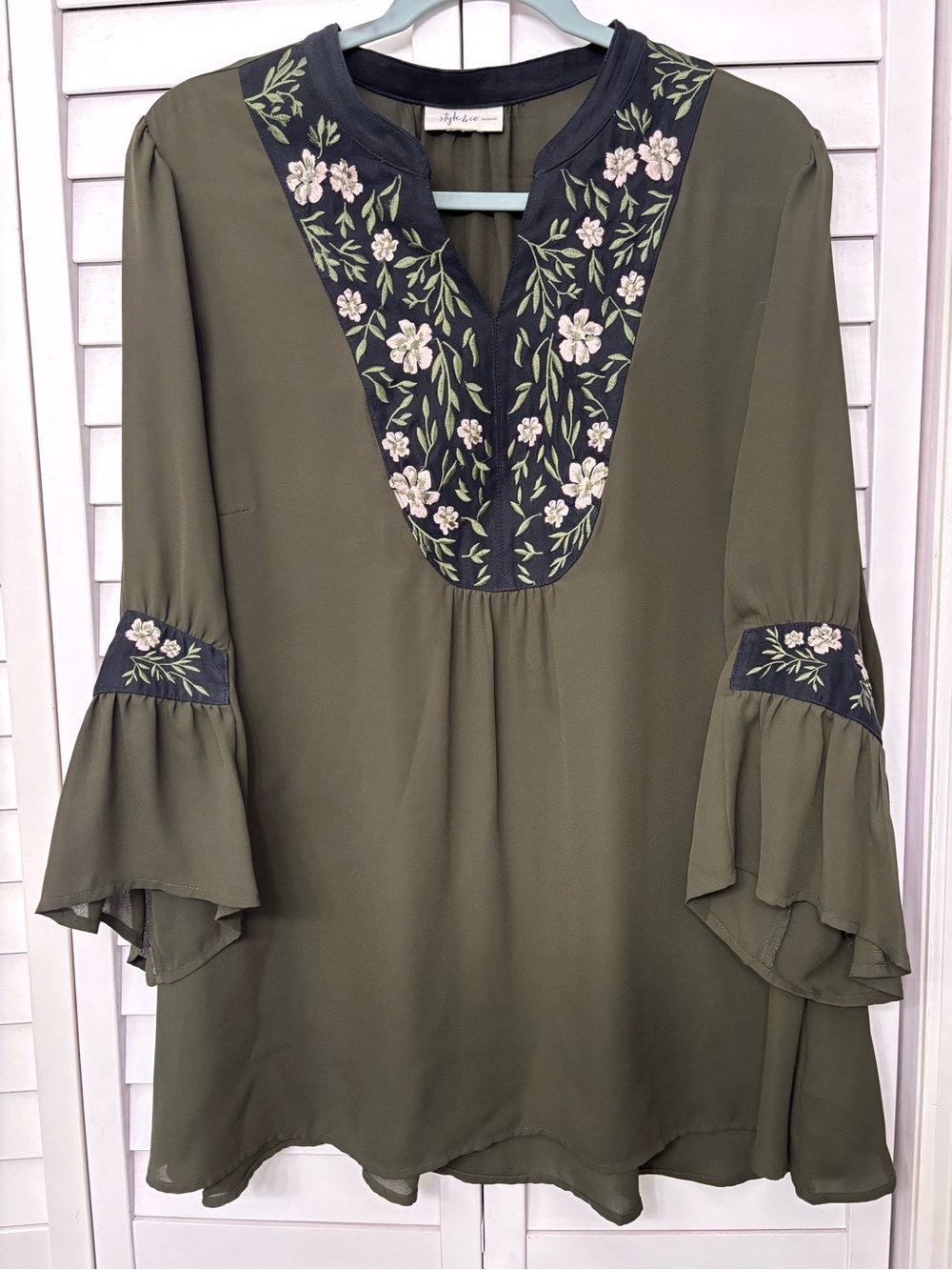 Olive Green Embroidered V-Neck Women's Blouse